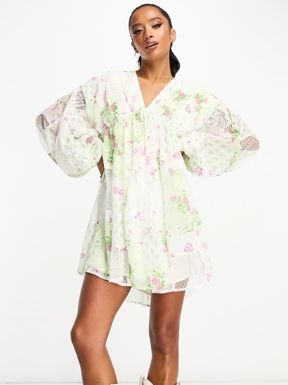 Fairy ASOS Design Women's 4 Petite Trapeze Mini Dress Lace Print Blouson Sleeve